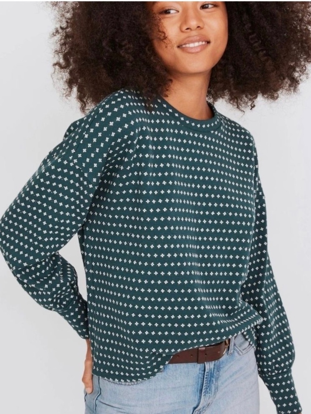 Madewell Green White Floral Jacquard Puff-Sleeve Top Size S
